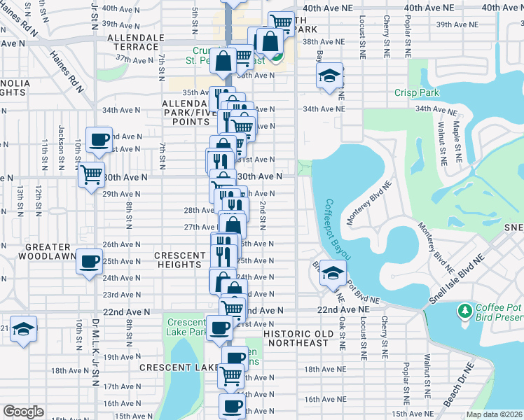 map of restaurants, bars, coffee shops, grocery stores, and more near 201 28th Ave N in St Petersburg