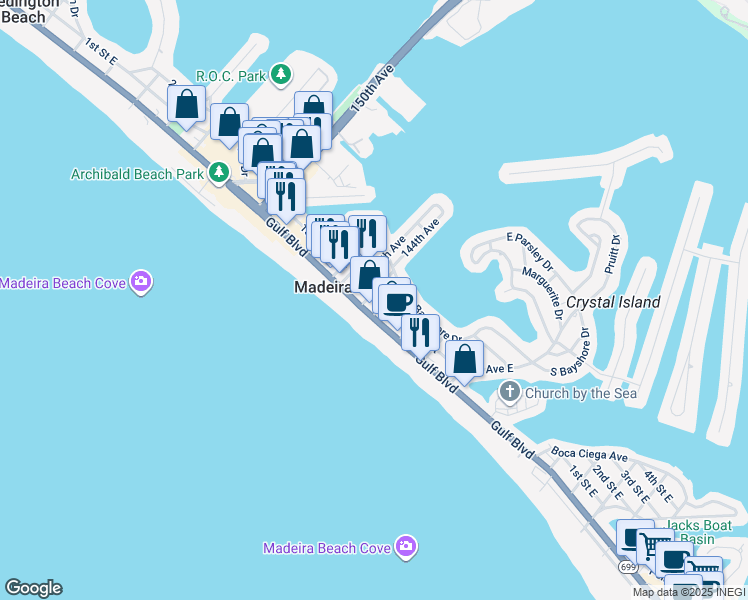 map of restaurants, bars, coffee shops, grocery stores, and more near 136 143rd Avenue in Madeira Beach