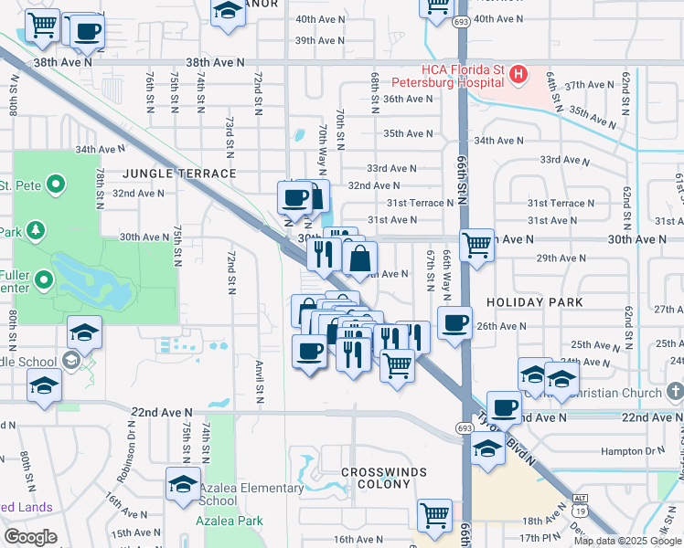 map of restaurants, bars, coffee shops, grocery stores, and more near 6950 29th Terrace North in St. Petersburg