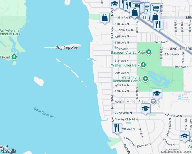 map of restaurants, bars, coffee shops, grocery stores, and more near 2834 Pelham Road North in St. Petersburg