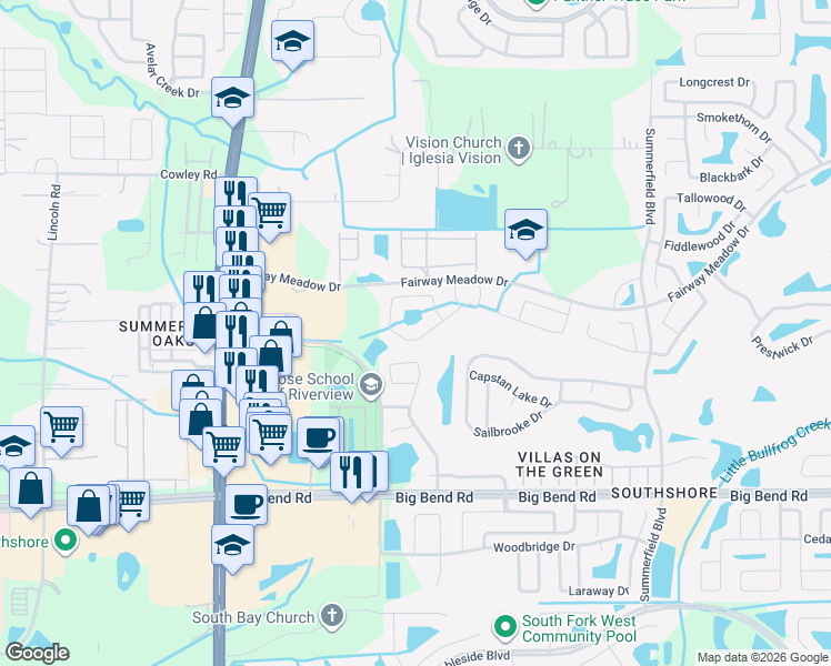 map of restaurants, bars, coffee shops, grocery stores, and more near 10854 Hoffner Edge Drive in Riverview