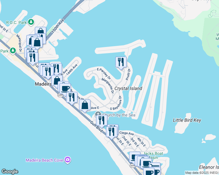 map of restaurants, bars, coffee shops, grocery stores, and more near 14026 Marguerite Drive in Madeira Beach
