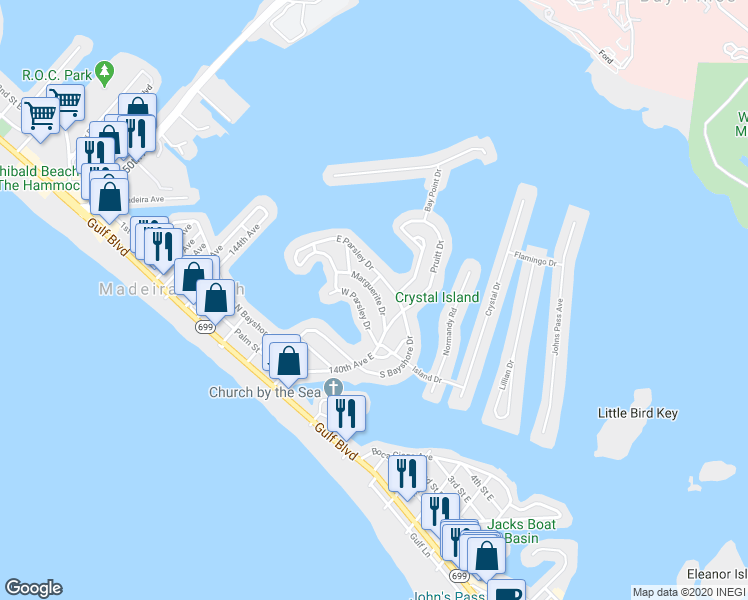 map of restaurants, bars, coffee shops, grocery stores, and more near 14026 Marguerite Drive in Madeira Beach