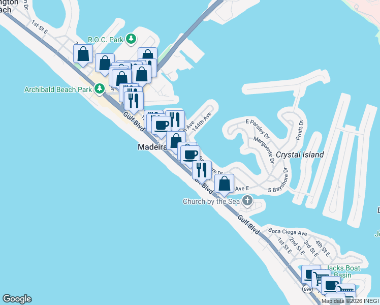 map of restaurants, bars, coffee shops, grocery stores, and more near 135 143rd Avenue East in Madeira Beach