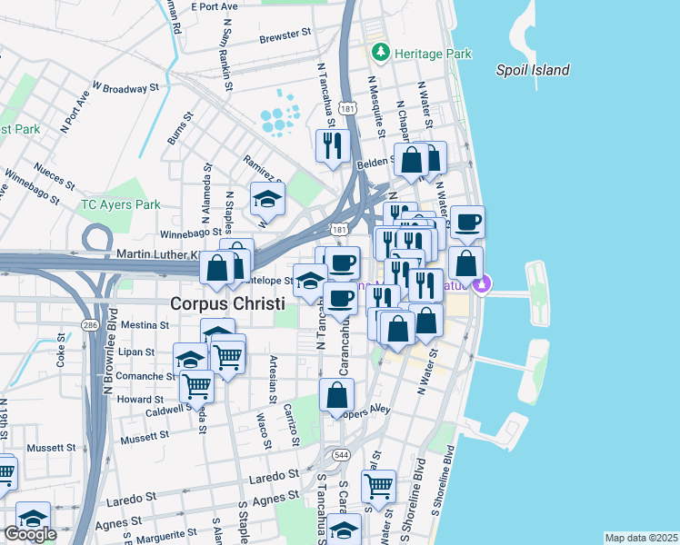 map of restaurants, bars, coffee shops, grocery stores, and more near 802 North Tancahua Street in Corpus Christi