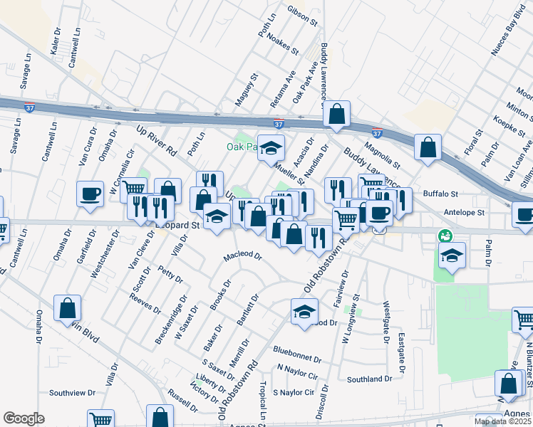 map of restaurants, bars, coffee shops, grocery stores, and more near 3762 Up River Road in Corpus Christi