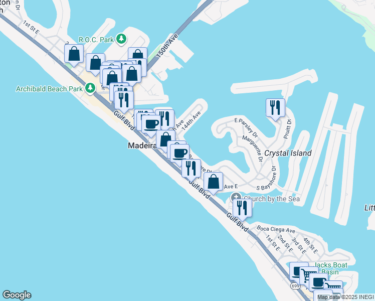map of restaurants, bars, coffee shops, grocery stores, and more near 14231 North Bayshore Drive in Madeira Beach