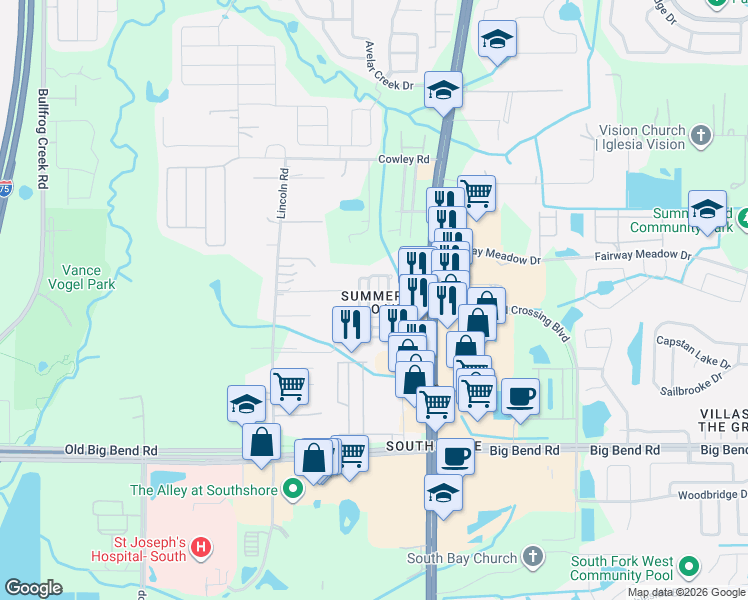 map of restaurants, bars, coffee shops, grocery stores, and more near 10323 Summerview Circle in Riverview