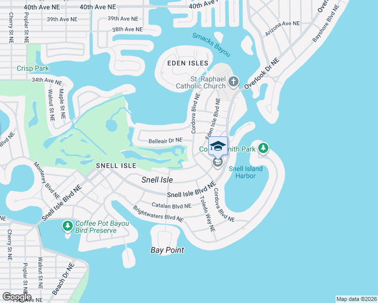 map of restaurants, bars, coffee shops, grocery stores, and more near 830 Cordova Boulevard Northeast in St. Petersburg