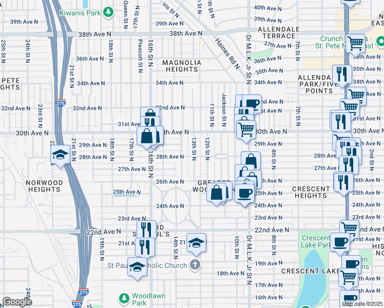 map of restaurants, bars, coffee shops, grocery stores, and more near 2816 13th Street North in St. Petersburg