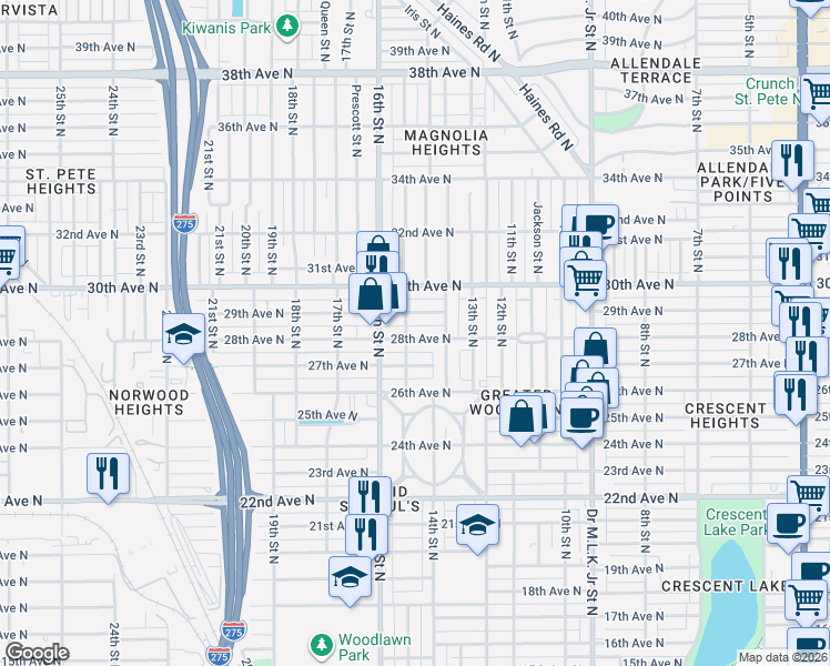 map of restaurants, bars, coffee shops, grocery stores, and more near 1420 29th Avenue North in St. Petersburg