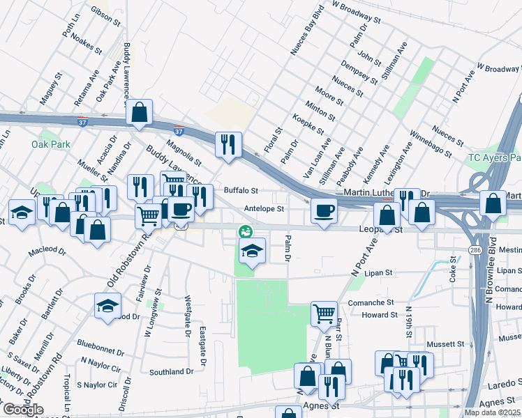 map of restaurants, bars, coffee shops, grocery stores, and more near 3002 Antelope Street in Corpus Christi