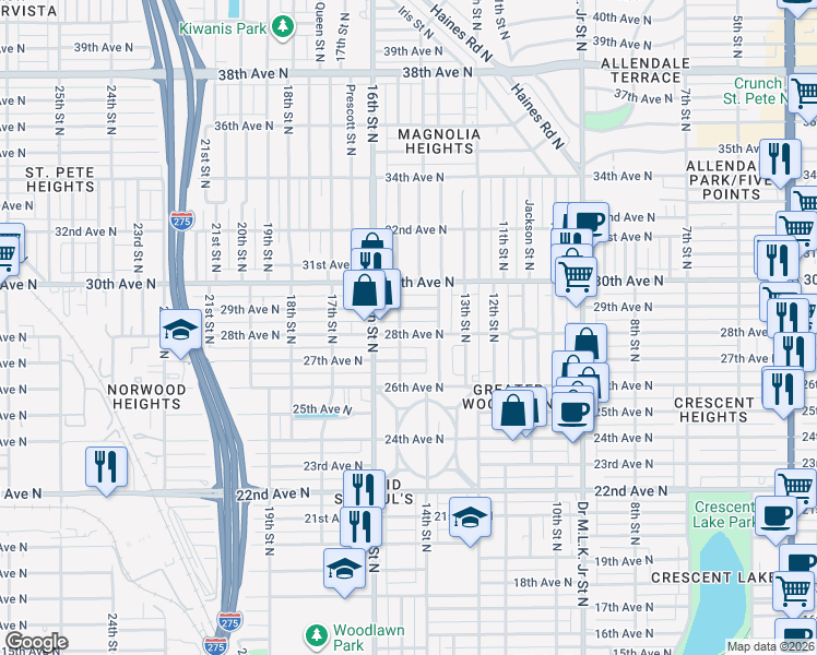 map of restaurants, bars, coffee shops, grocery stores, and more near 1420 29th Avenue North in St. Petersburg