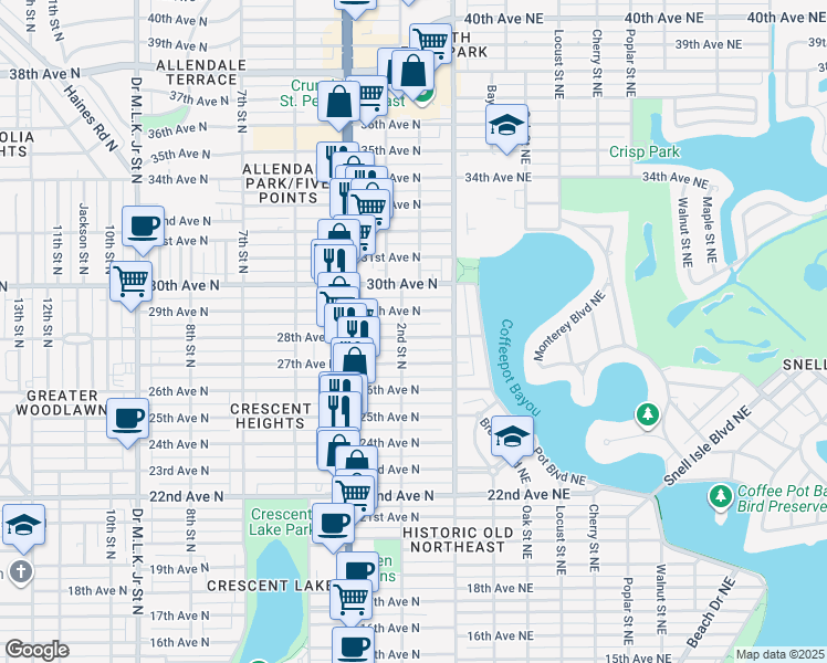 map of restaurants, bars, coffee shops, grocery stores, and more near 201 28th Avenue North in St. Petersburg