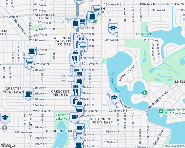 map of restaurants, bars, coffee shops, grocery stores, and more near 201 28th Avenue North in St. Petersburg