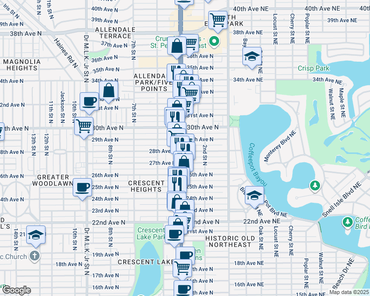 map of restaurants, bars, coffee shops, grocery stores, and more near 2801 4th Street North in St. Petersburg