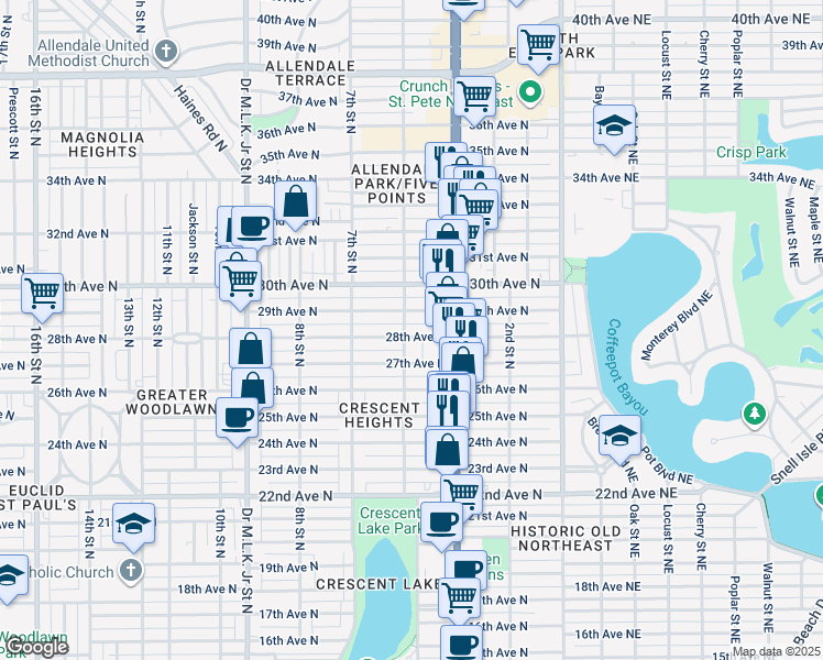 map of restaurants, bars, coffee shops, grocery stores, and more near 2816 5th Street North in St. Petersburg