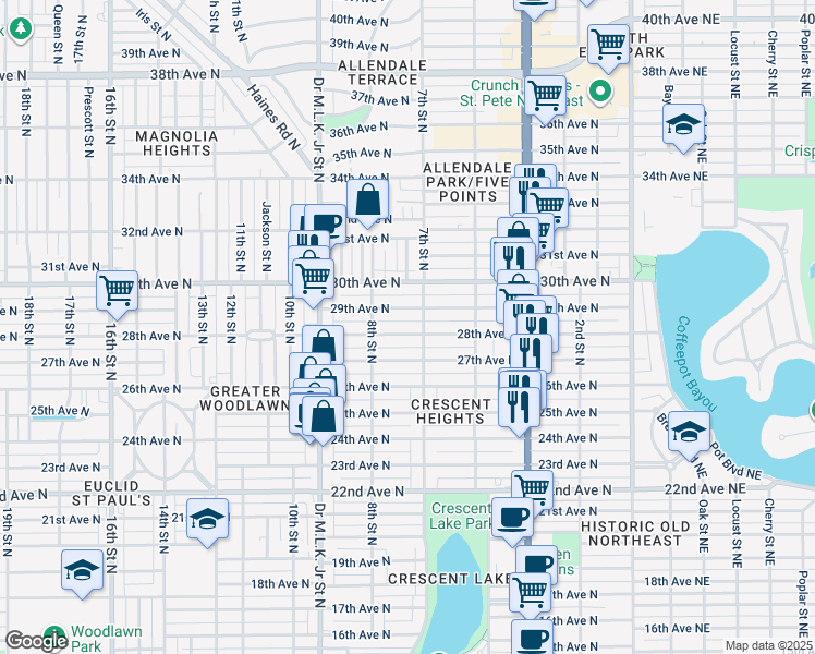 map of restaurants, bars, coffee shops, grocery stores, and more near 761 28th Avenue North in St. Petersburg