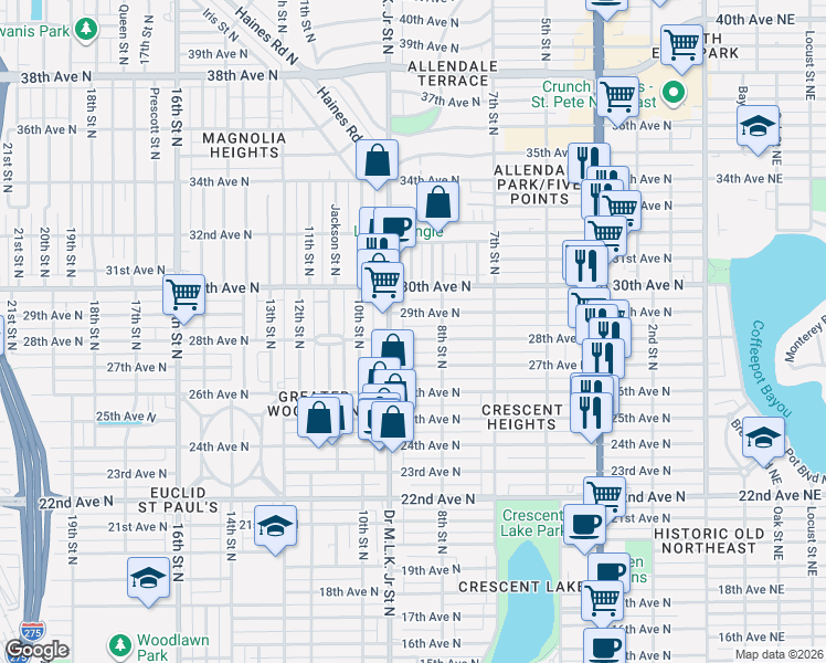 map of restaurants, bars, coffee shops, grocery stores, and more near 835 28th Avenue North in St. Petersburg