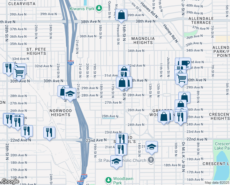map of restaurants, bars, coffee shops, grocery stores, and more near 1658 29th Avenue North in St. Petersburg