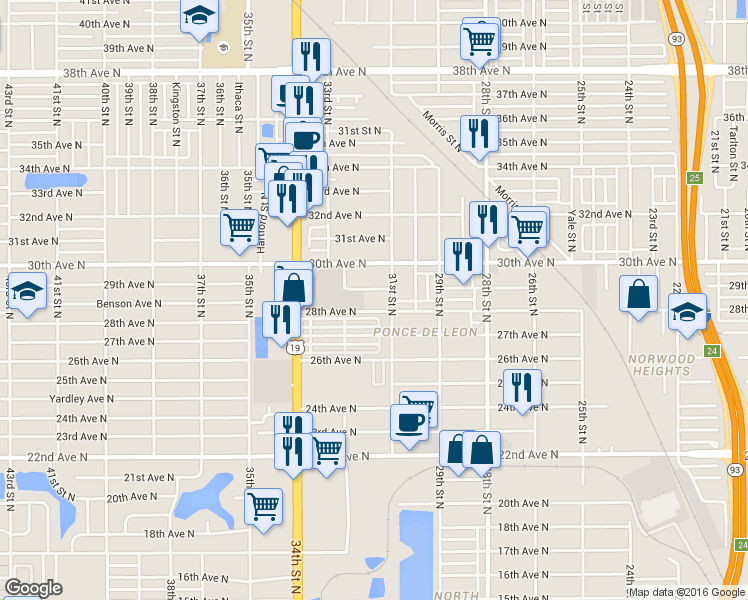 map of restaurants, bars, coffee shops, grocery stores, and more near 2818 31st Street North in St. Petersburg
