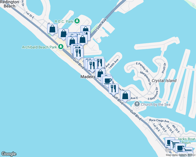 map of restaurants, bars, coffee shops, grocery stores, and more near 14401 Gulf Boulevard in Madeira Beach