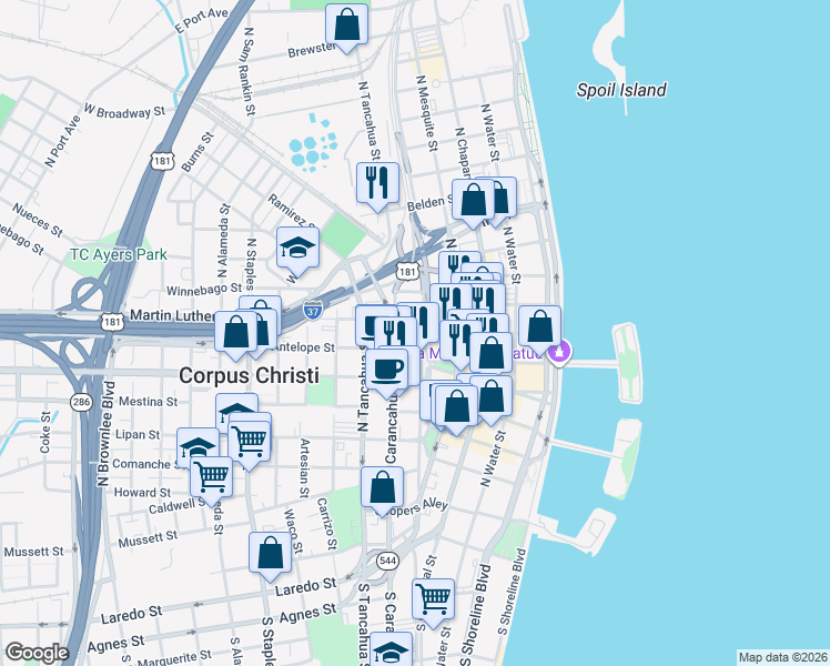 map of restaurants, bars, coffee shops, grocery stores, and more near 719 North Upper Broadway in Corpus Christi