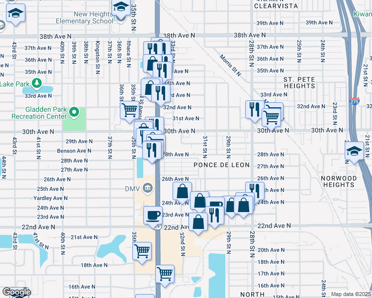 map of restaurants, bars, coffee shops, grocery stores, and more near 3151 28th Avenue North in St. Petersburg