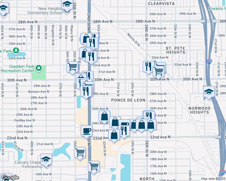 map of restaurants, bars, coffee shops, grocery stores, and more near 3120 29th Avenue North in St. Petersburg
