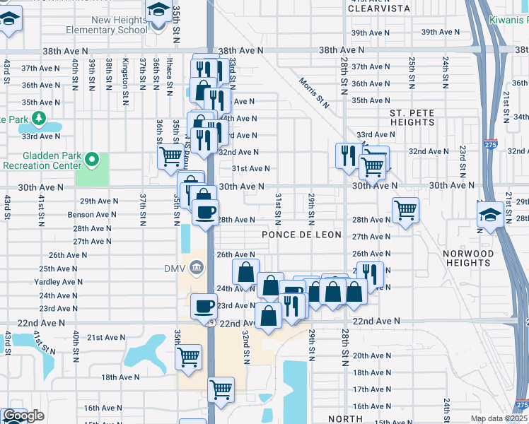 map of restaurants, bars, coffee shops, grocery stores, and more near 3143 28th Avenue North in Saint Petersburg