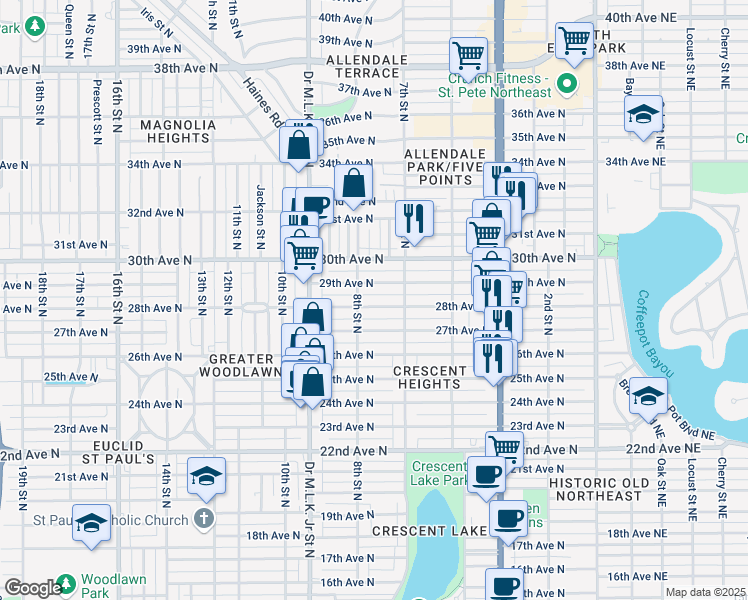 map of restaurants, bars, coffee shops, grocery stores, and more near 761 28th Avenue North in St. Petersburg