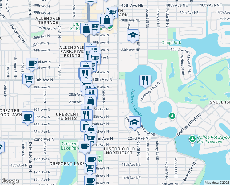 map of restaurants, bars, coffee shops, grocery stores, and more near 121 28th Avenue North in St. Petersburg