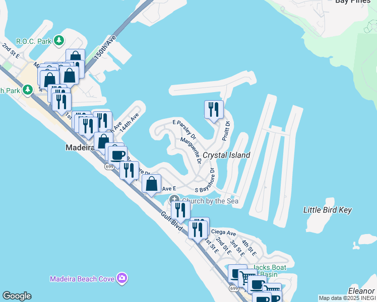 map of restaurants, bars, coffee shops, grocery stores, and more near 14071 West Parsley Drive in Madeira Beach