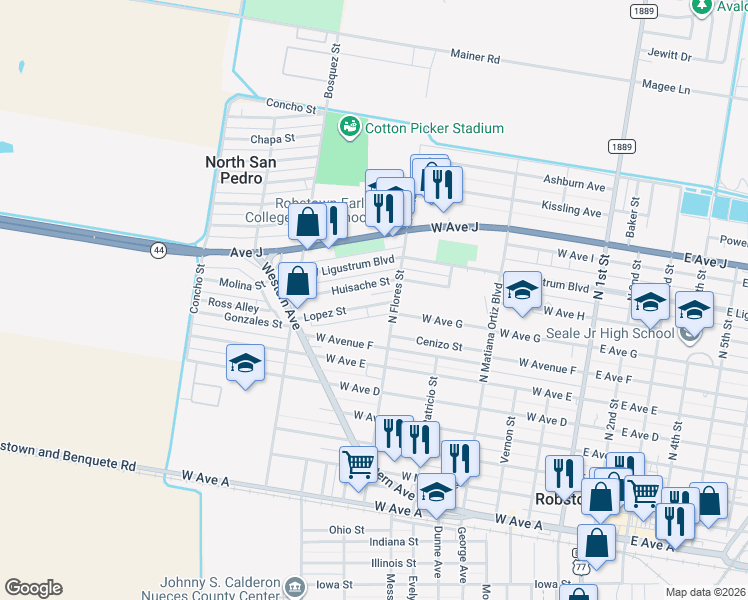 map of restaurants, bars, coffee shops, grocery stores, and more near 611 Lopez Street in Robstown