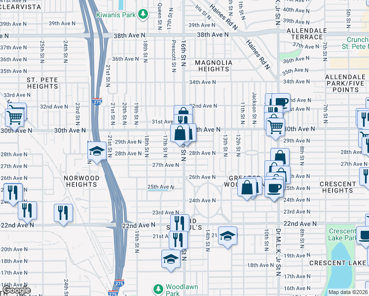 map of restaurants, bars, coffee shops, grocery stores, and more near 1516 29th Avenue North in Saint Petersburg