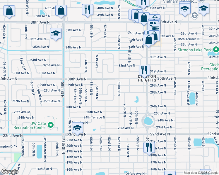 map of restaurants, bars, coffee shops, grocery stores, and more near 2873 52nd Lane North in St. Petersburg