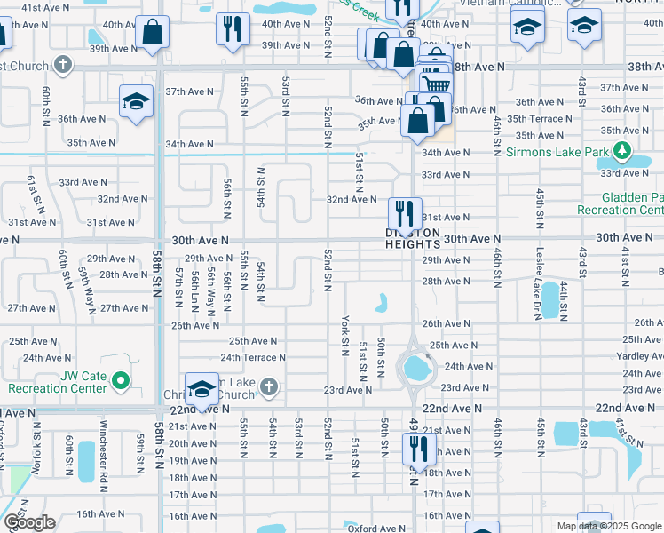 map of restaurants, bars, coffee shops, grocery stores, and more near 5150 29th Avenue North in St. Petersburg