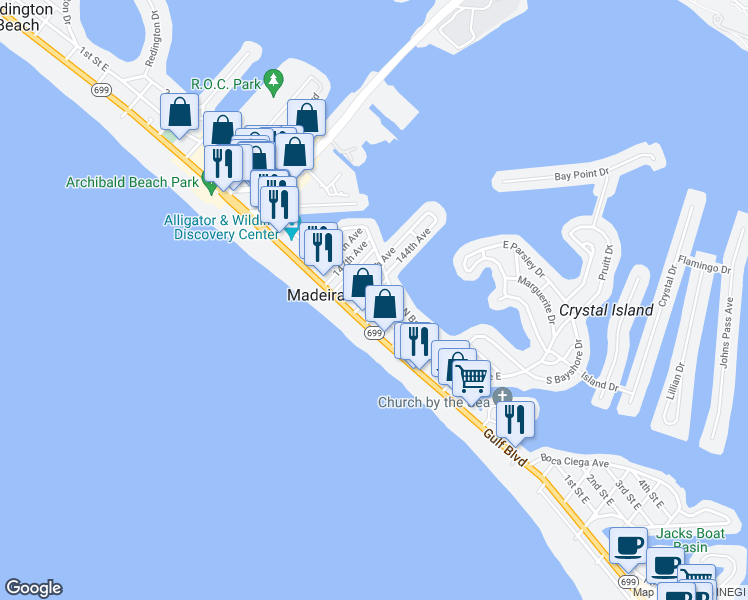 map of restaurants, bars, coffee shops, grocery stores, and more near 136 143rd Avenue in Madeira Beach