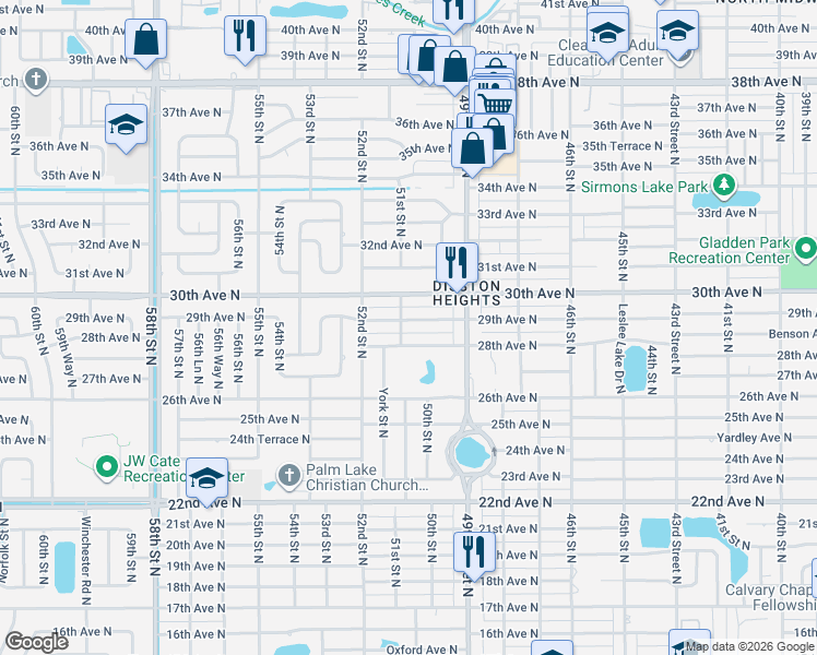 map of restaurants, bars, coffee shops, grocery stores, and more near 5050 29th Avenue North in St. Petersburg