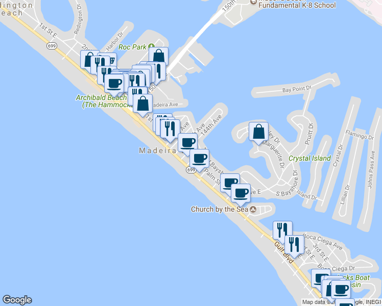 map of restaurants, bars, coffee shops, grocery stores, and more near 95 144th Avenue in Saint Petersburg