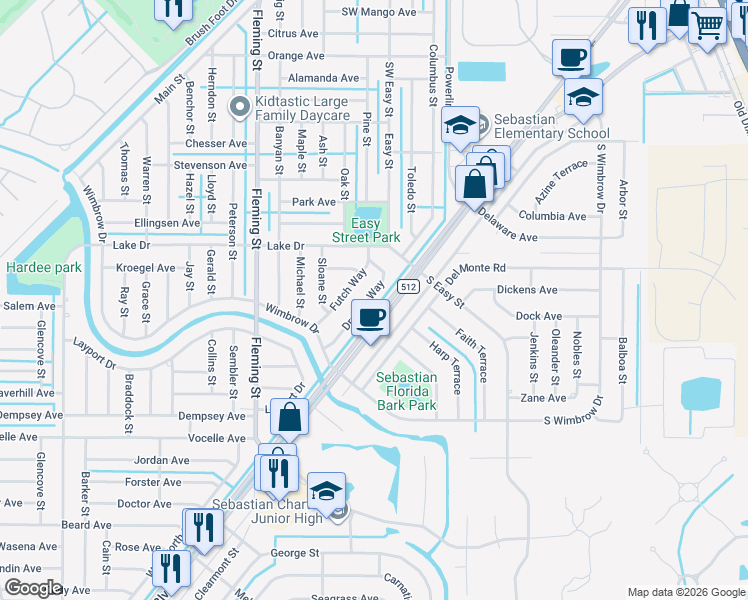 map of restaurants, bars, coffee shops, grocery stores, and more near 533 Drawdy Way in Sebastian