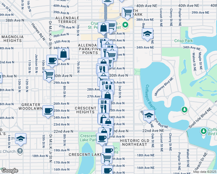 map of restaurants, bars, coffee shops, grocery stores, and more near 2801 4th Street North in St. Petersburg