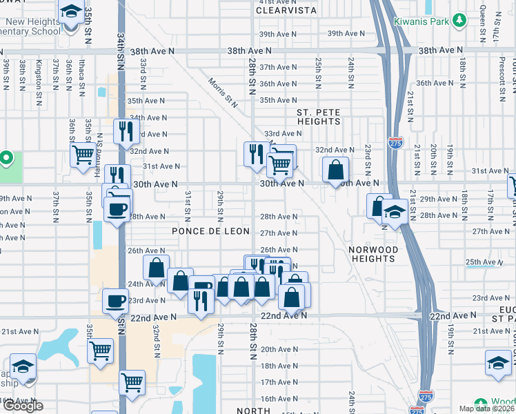 map of restaurants, bars, coffee shops, grocery stores, and more near 2829 28th Street North in St. Petersburg