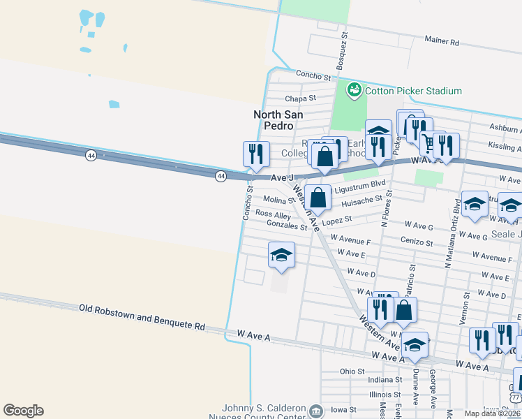 map of restaurants, bars, coffee shops, grocery stores, and more near 935 Ross Alley in Robstown