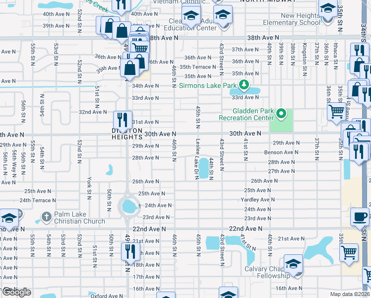 map of restaurants, bars, coffee shops, grocery stores, and more near 4540 29th Avenue North in St. Petersburg