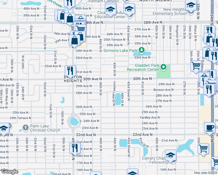 map of restaurants, bars, coffee shops, grocery stores, and more near 4540 29th Avenue North in St. Petersburg
