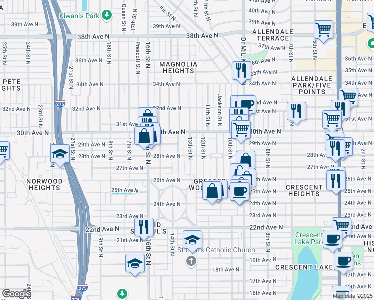 map of restaurants, bars, coffee shops, grocery stores, and more near 2816 13th St N in St Petersburg