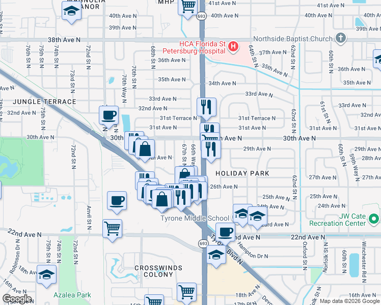 map of restaurants, bars, coffee shops, grocery stores, and more near 2898 66th Way North in Saint Petersburg