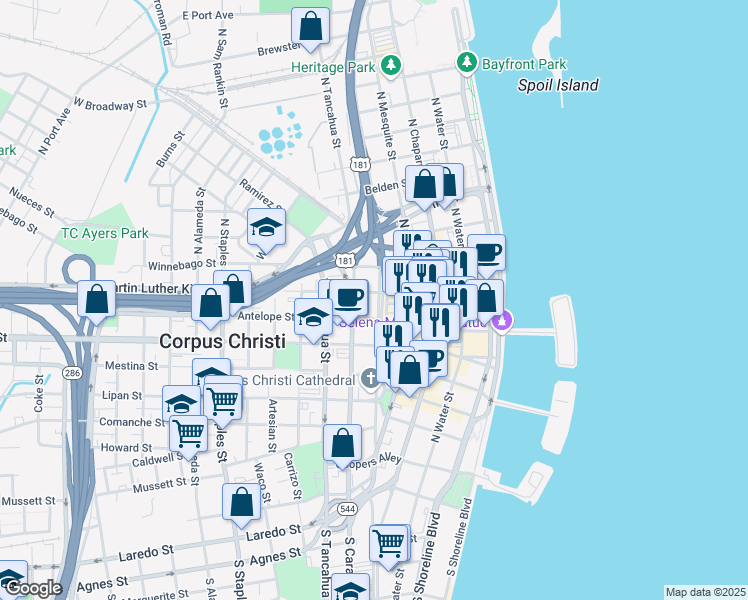 map of restaurants, bars, coffee shops, grocery stores, and more near 719 North Upper Broadway in Corpus Christi