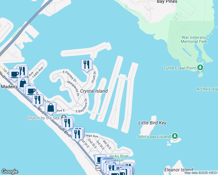 map of restaurants, bars, coffee shops, grocery stores, and more near 540 Crystal Dr in Madeira Beach